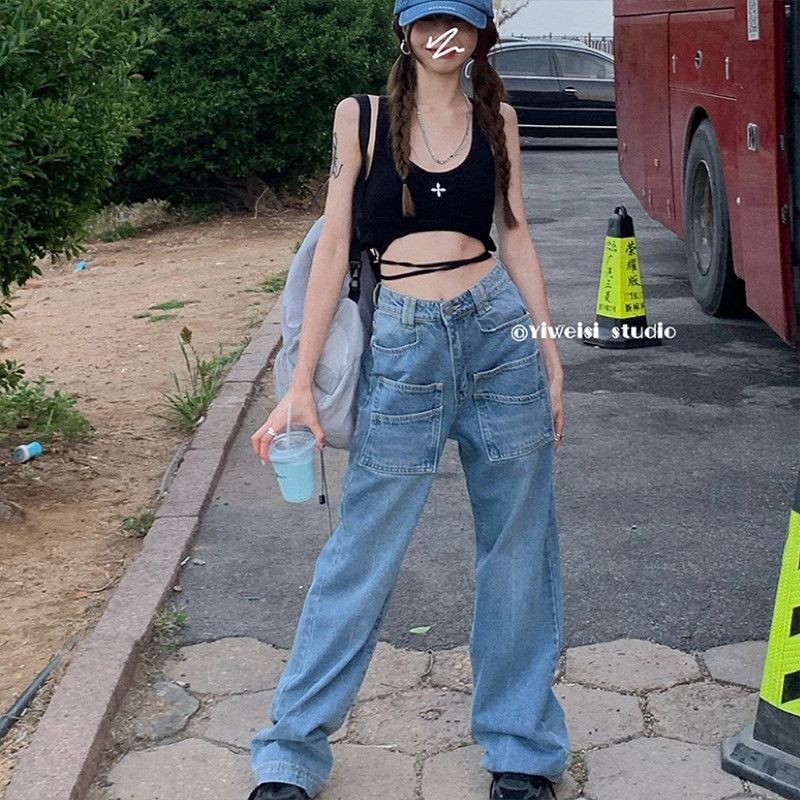 Light blue workwear jeans for women, 2022 new autumn loose, straight-leg, slimming, floor-length wide-leg pants Light blue workwear jeans for women, 2022 new autumn loose, straight-leg, slimming, floor-length wide-leg pants